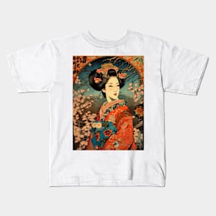 Vintage Rose Blossoms Japanese Woodblock Maple Streetwear Hipster Asian Inspired Retro Manga Samurai Amaranthus Kids T-Shirt